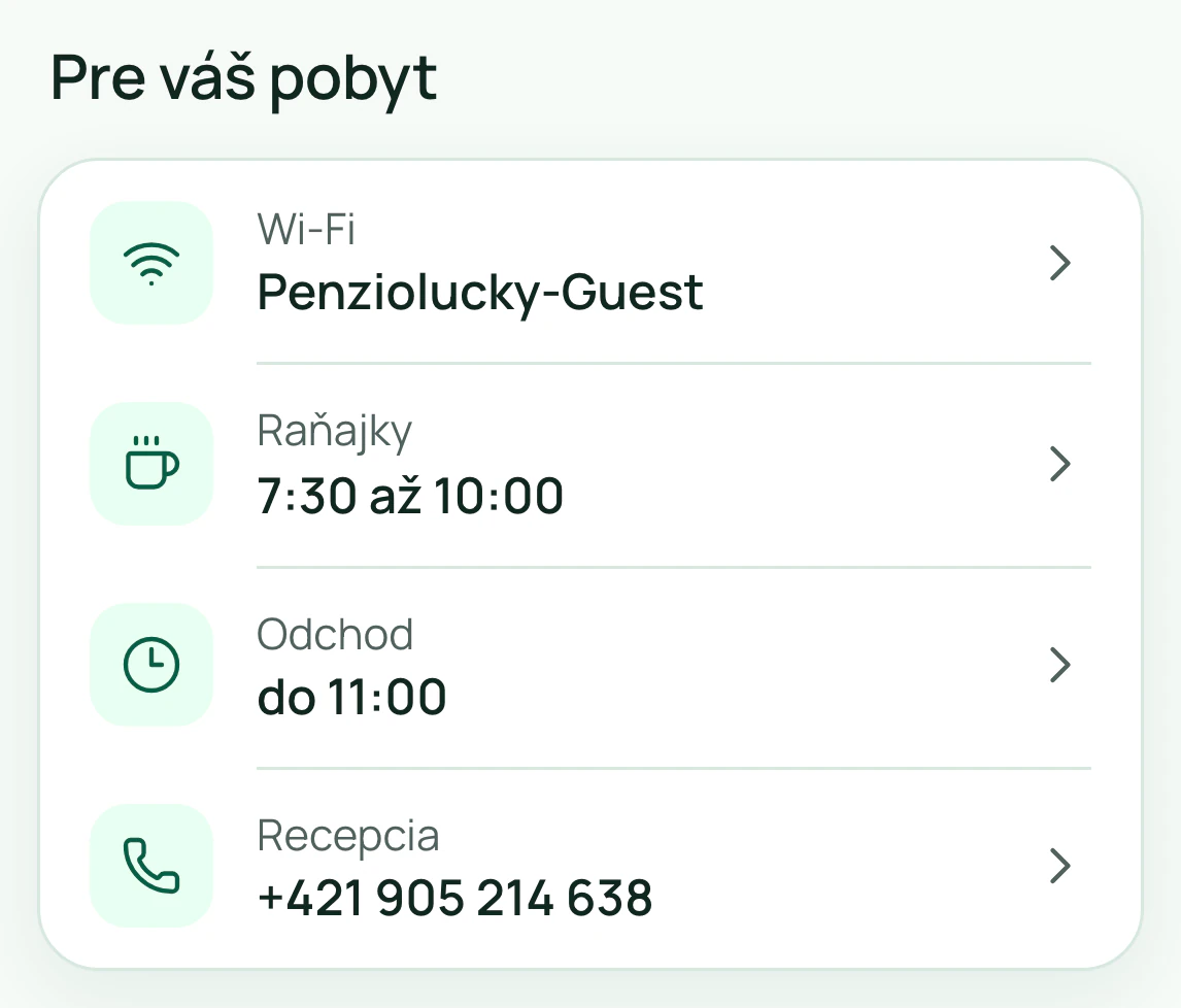 Základné informácie v portáli: sieť Wi-Fi, čas raňajok, čas odchodu a telefón na recepciu.