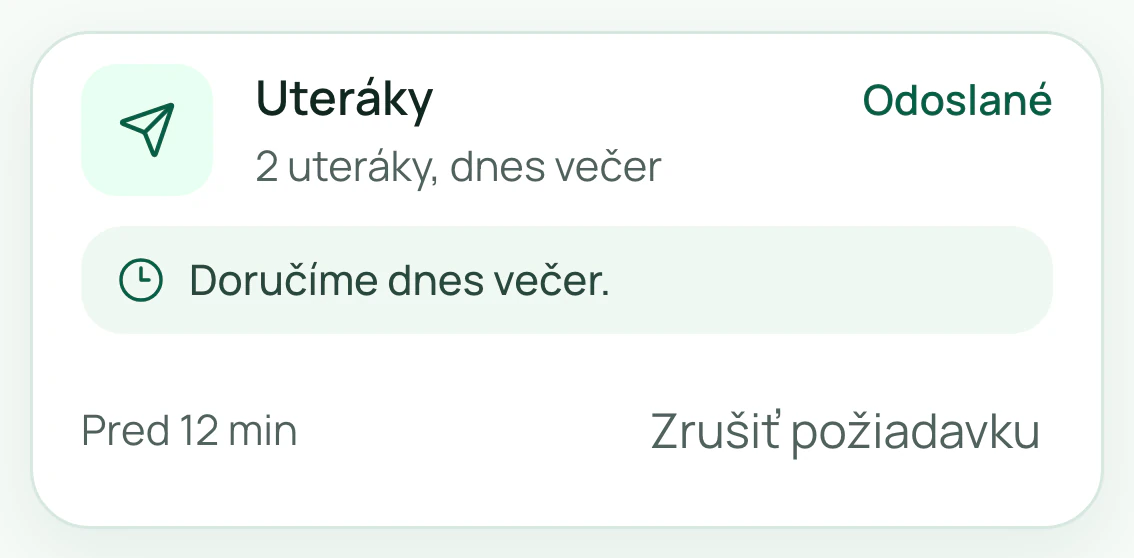 Otvorená požiadavka na uteráky navrchu portálu, v stave odoslané.