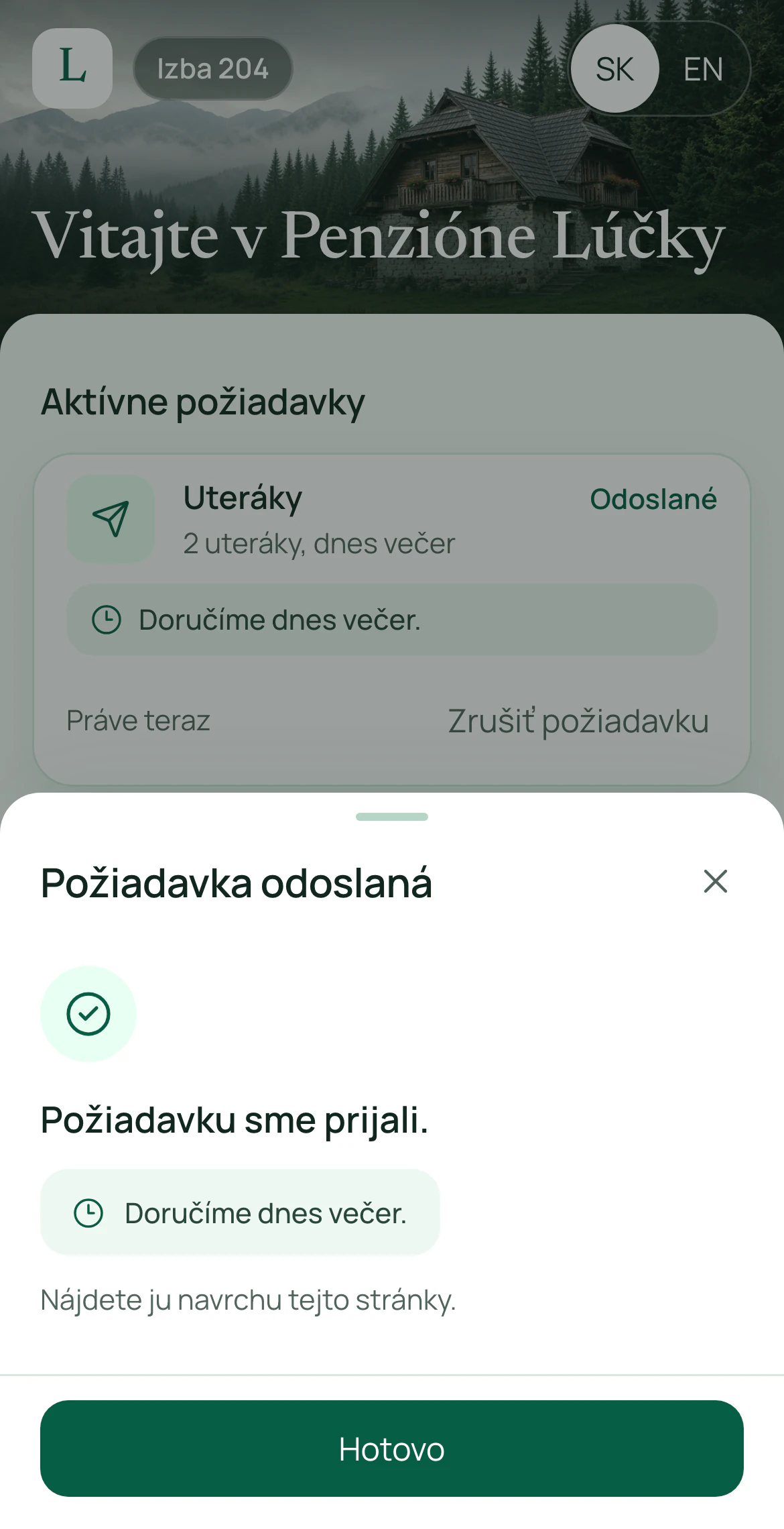 Potvrdenie odoslanej požiadavky na uteráky a karta stavu navrchu portálu izby 204.