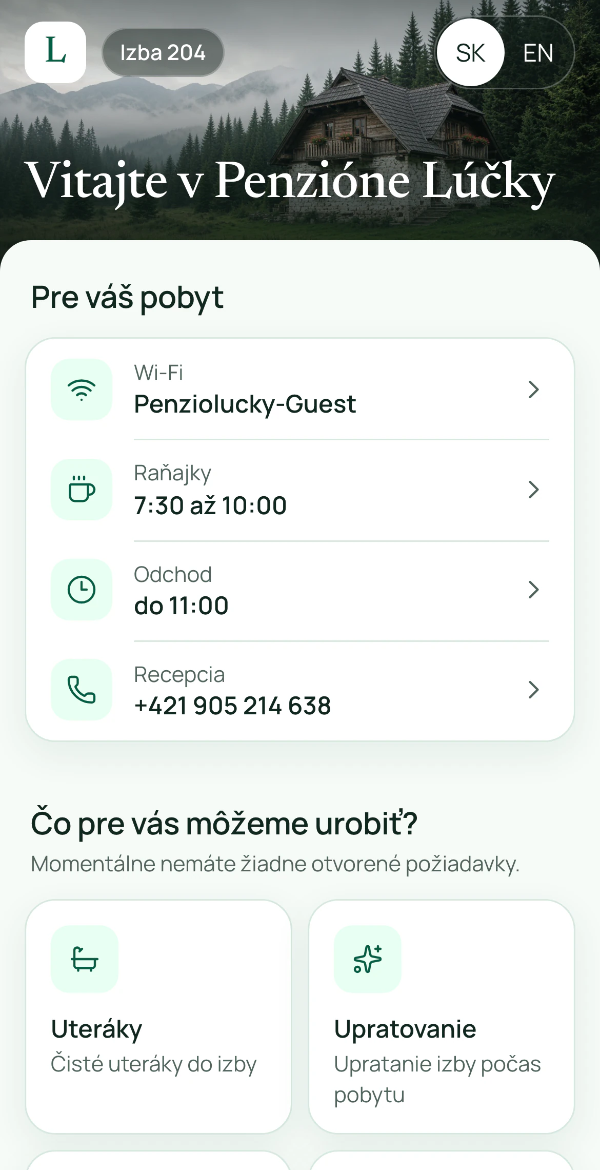 Portál RoomHub pre izbu 204 v telefóne s privítaním, Wi-Fi, raňajkami, odchodom, recepciou a možnosťami požiadaviek.