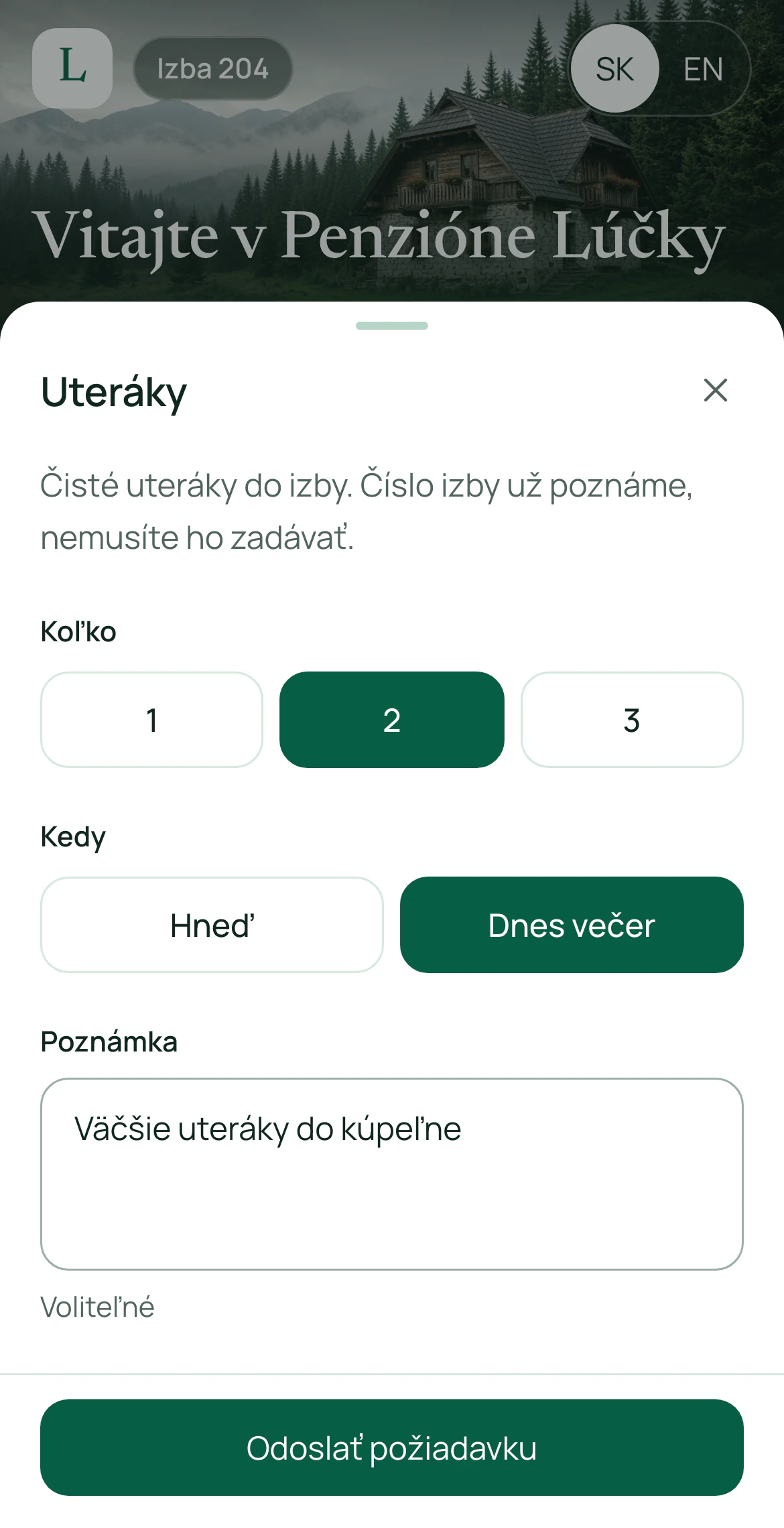 Formulár požiadavky na uteráky s počtom kusov, časom doručenia a voliteľnou poznámkou.