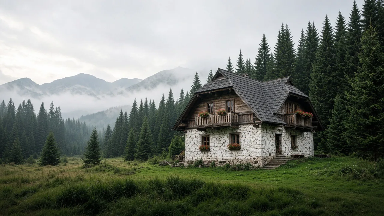 Horský penzión z dreva a kameňa na zelenej lúke, za ním smrekový les a zahmlené štíty.